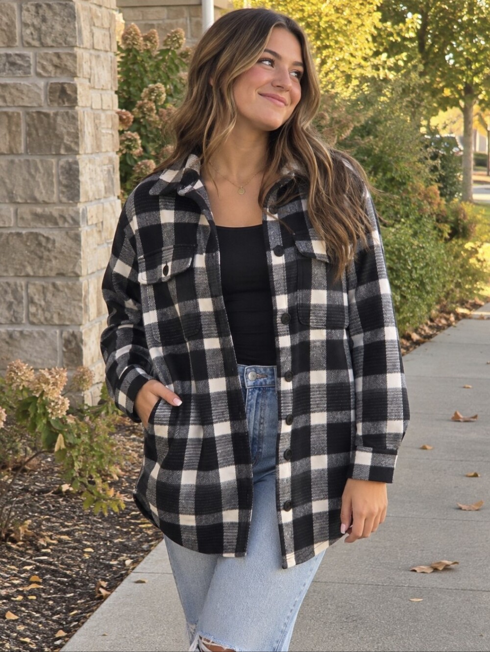 Old Navy Plaid Soft Brushed Utility Shacket Black White XS NWT